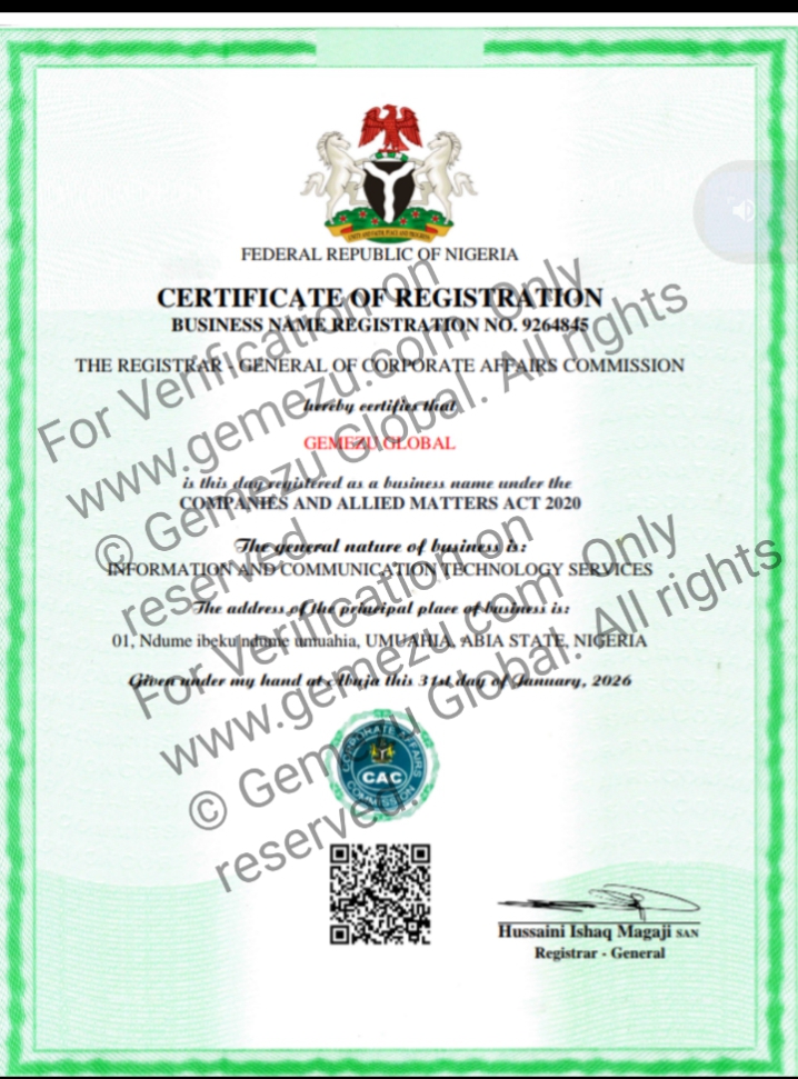 Gemezu Global CAC Certificate BN 9264845